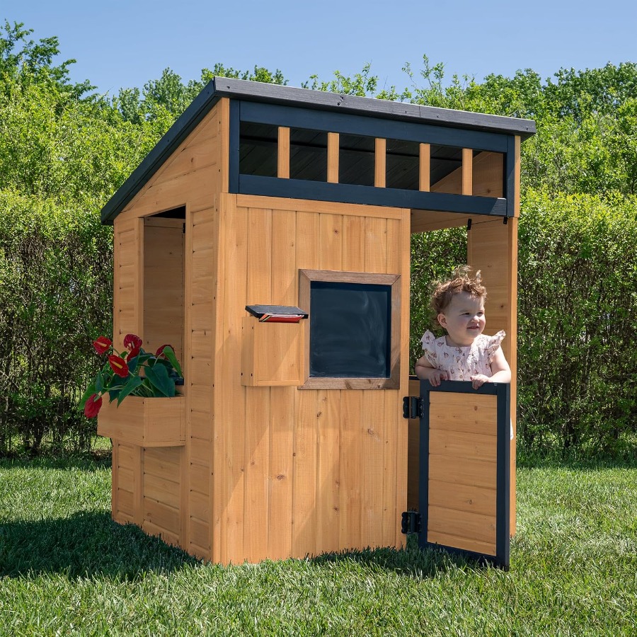 Kids Outdoor Chalkboard - Wooden Kids Playhouse with Play Kitchen,