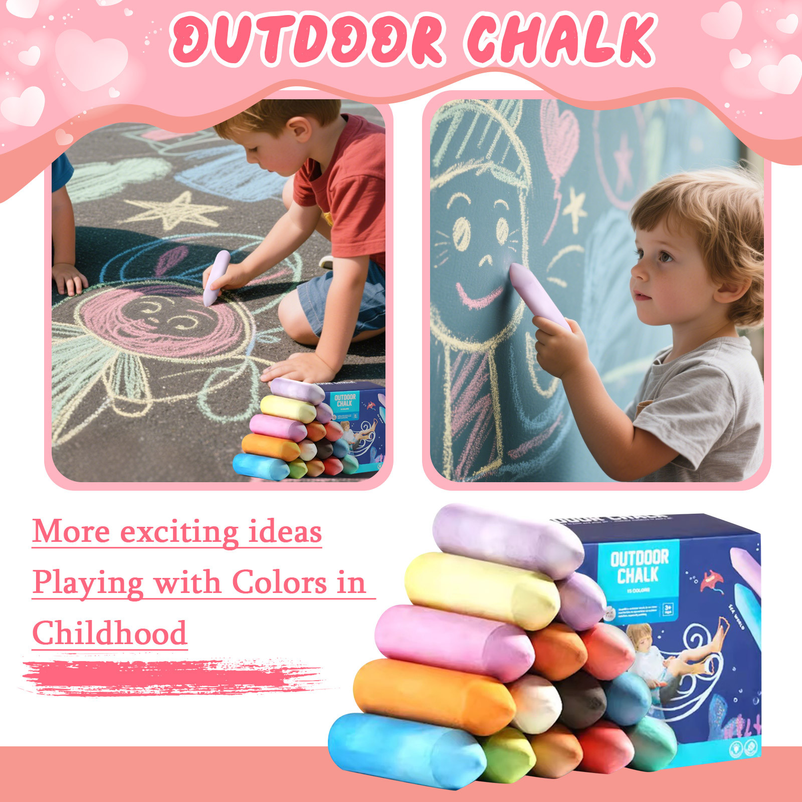 Kids Outdoor Chalkboard - Washable Jumbo Sidewalk Colors Chalk for